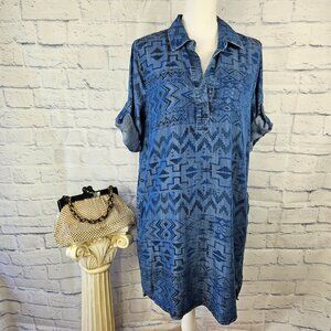 NWT Philosophy Size Large Blue Chambray Denim Aztec Print Tab Sleeve Tunic Dress